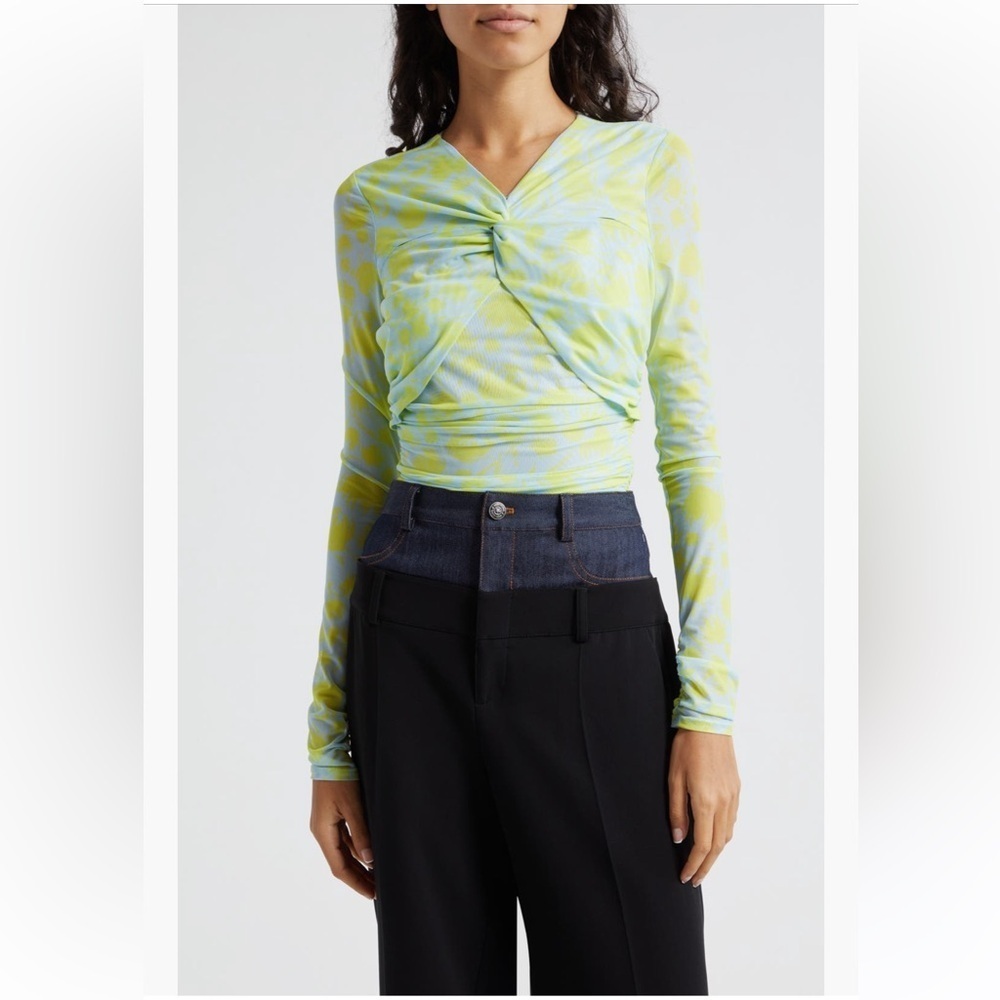RARE Cinq à Sept Aniya Ruched Mesh Top NWT Serene Sky Lime XS Unopened